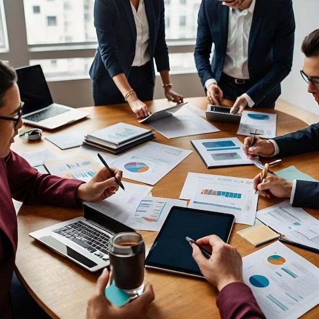 brainstorming of diverse team corporate coworkers collaborating on a project in a modern office premium ai generated image